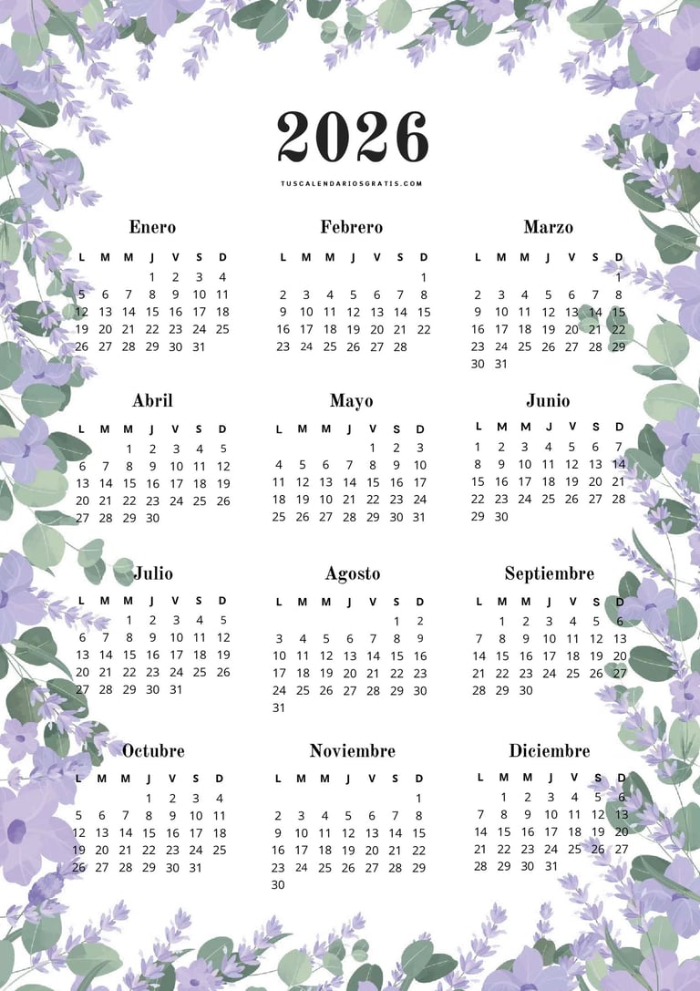 Calendario anual 2026 floral estilo primavera lila en formato PDF imprimible gratis