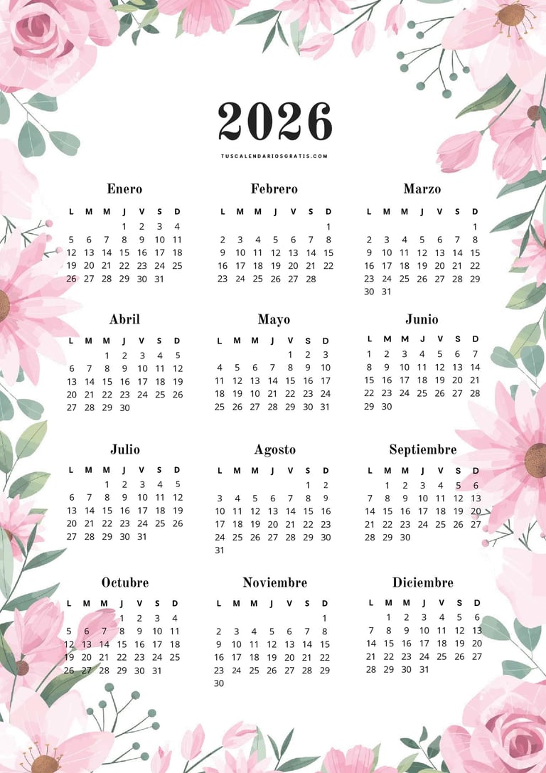 Calendario anual 2026 floral estilo primavera rosa en formato PDF imprimible gratis