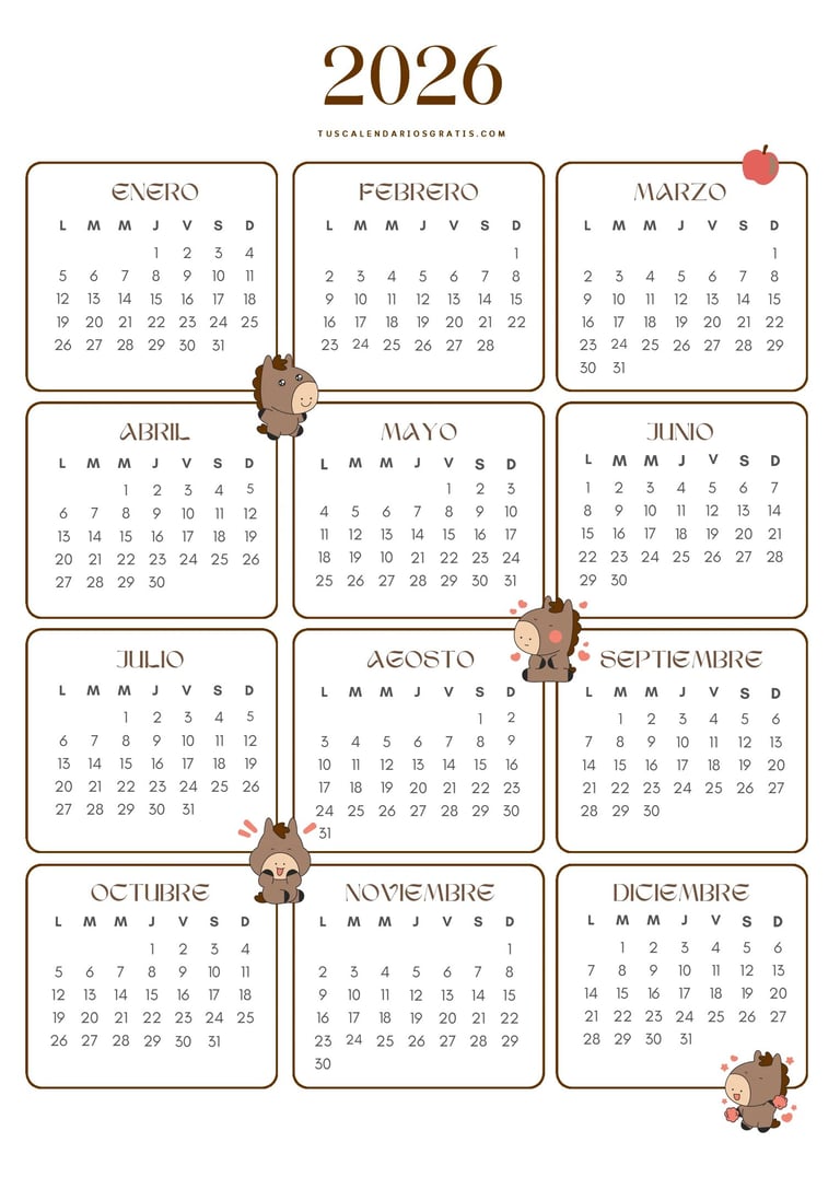 Calendario anual 2026 kawaii con caballos cute en diseño adorable para imprimir gratis en PDF