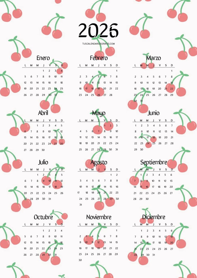 Calendario anual 2026 kawaii con diseño de cerezas rojas estilo cute en formato imprimible