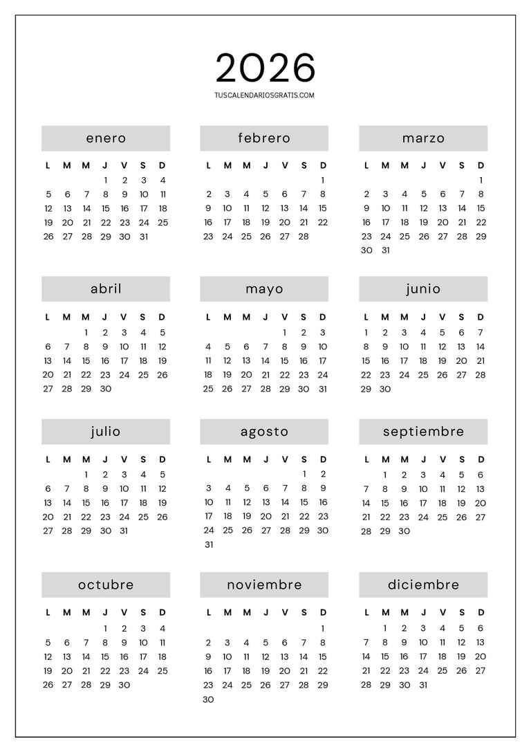 Calendario anual 2026 minimalista en color gris formato A4 imprimible