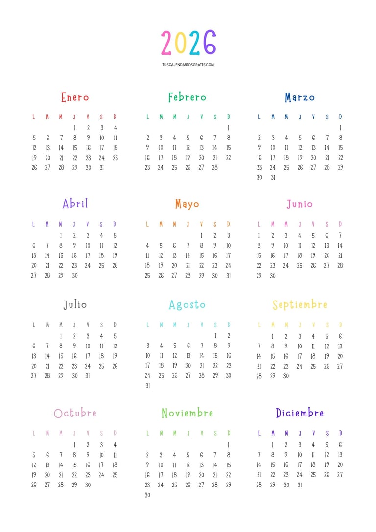 Calendario anual 2026 minimalista en color para imprimir gratis con diseño limpio y elegante para or