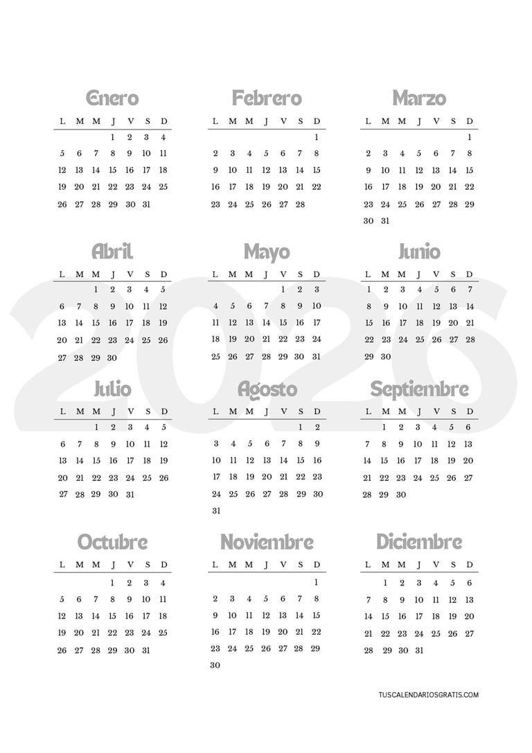 Calendario anual 2026 minimalista estilo Office en gris imprimible
