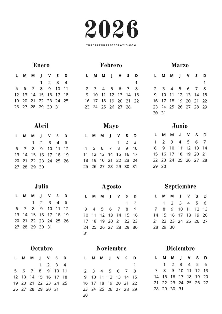 Calendario minimalista anual 2026 estilo Old Script en formato PDF imprimible diseño limpio y elegan