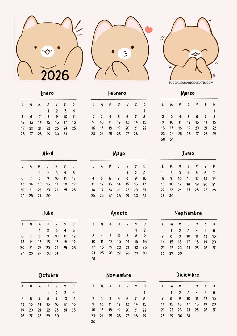 calendario anual 2026 ositos kawaii para imprimir gratis diseño adorable organización planificación