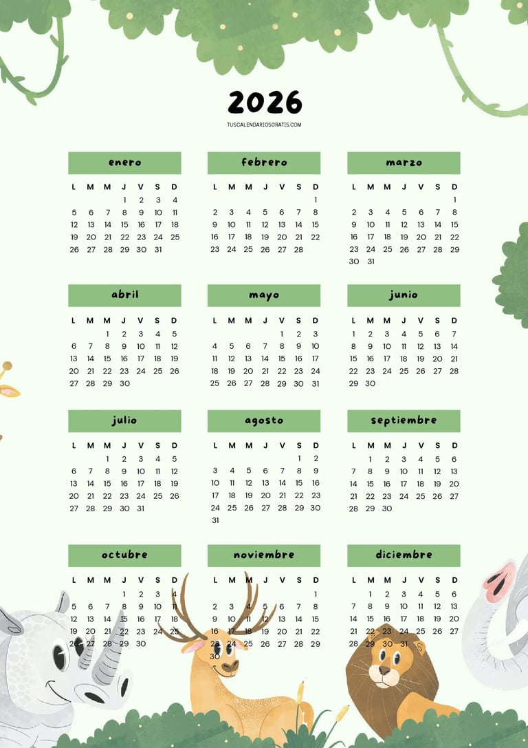 Calendario anual 2026 para niños con animales salvajes colorido imprimible