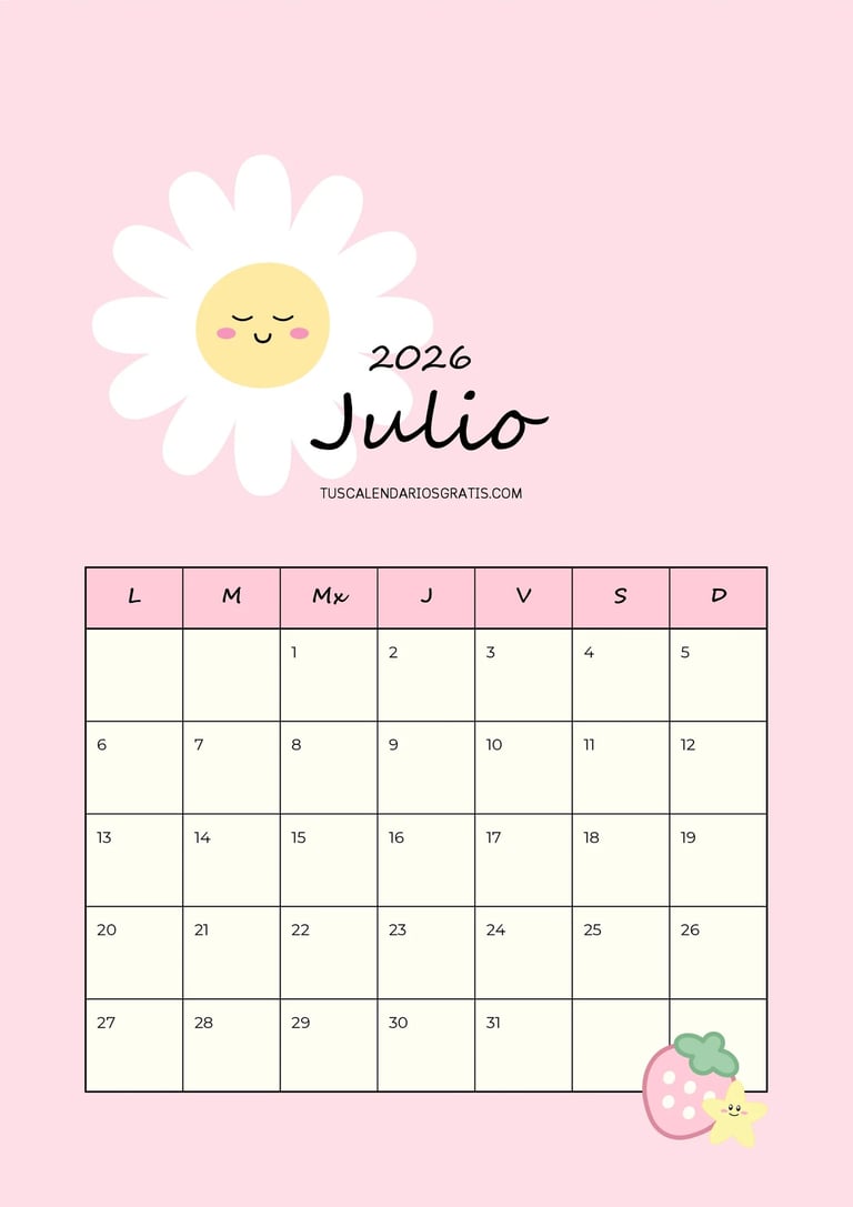 calendario julio 2026 kawaii sweet summer para imprimir gratis organización planificación mensual