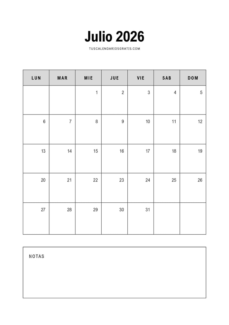 calendario julio 2026 minimalista para imprimir organización planificación mensual pdf gratis