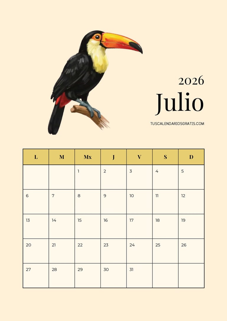 calendario julio 2026 para imprimir con tucán diseño animales organización planificación mensual gra