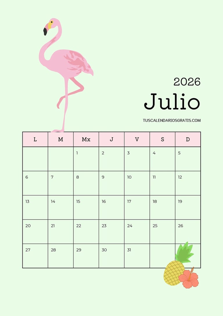 Calendario julio 2026 para imprimir diseño veraniego con flamenco y frutas tropicales organización p