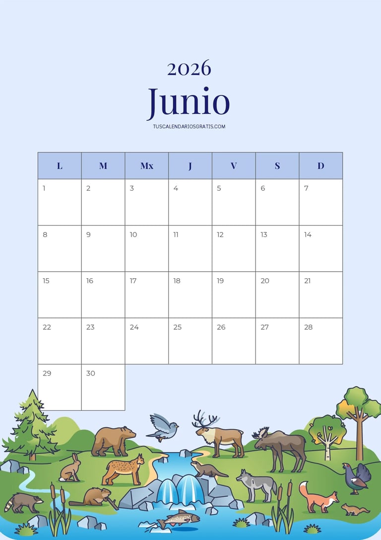 Calendario junio 2026 Canadá para imprimir con paisaje natural y animales salvajes diseño mensual or