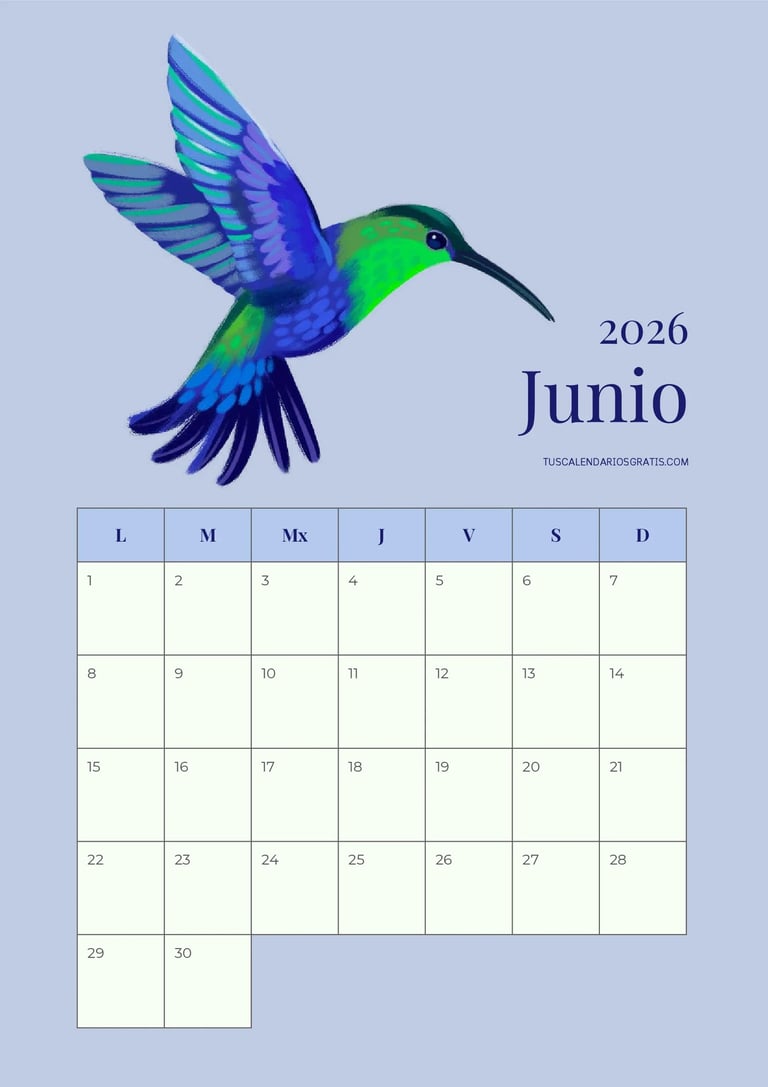 Calendario junio 2026 colibrí para imprimir gratis diseño motivador planificación organización mensu