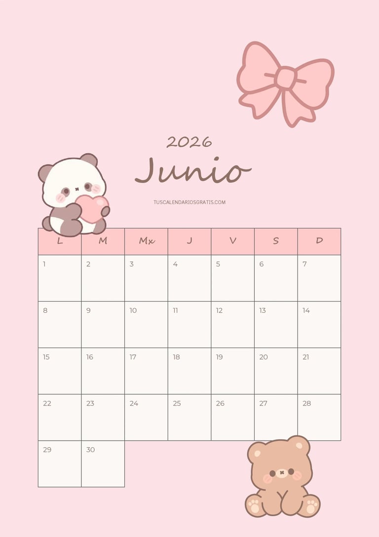 calendario junio 2026 kawaii pink para imprimir gratis diseño rosa bonito organización planificación