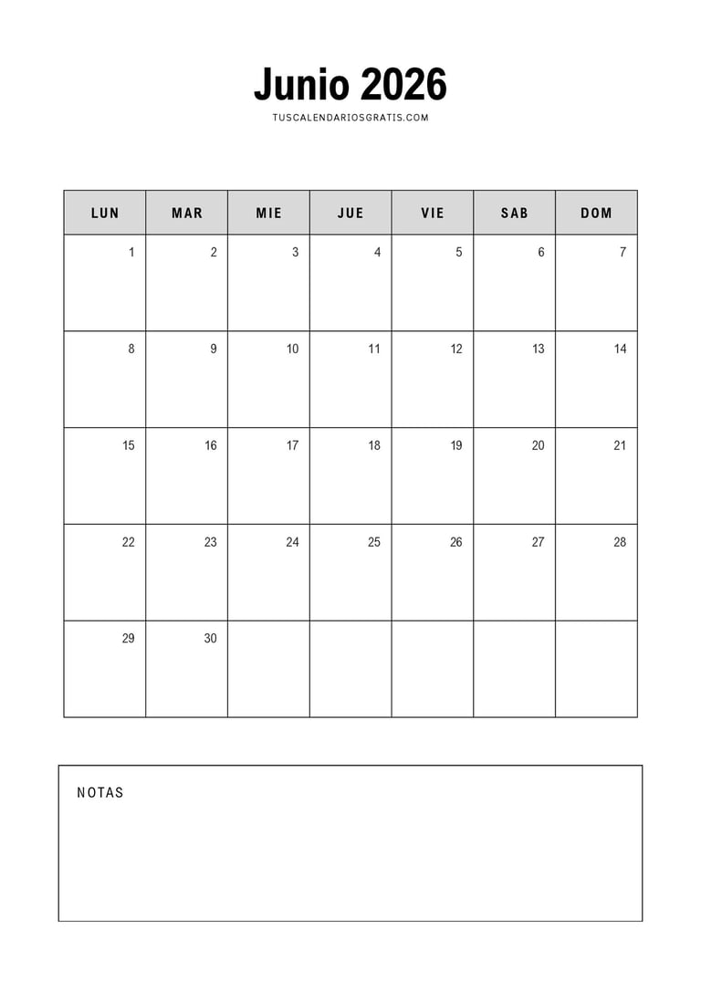 calendario junio 2026 minimalista con espacio para notas para imprimir