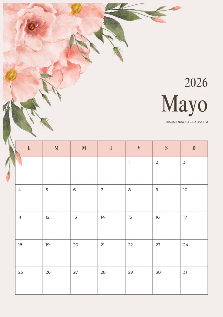 calendario mayo 2026 floral flores rosas bonito para imprimir pdf organización planificación mensual