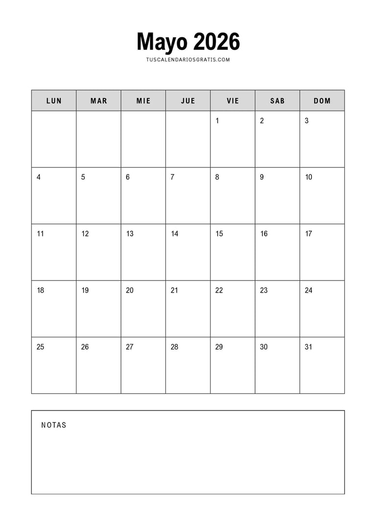calendario mayo 2026 minimalista con espacio para notas para imprimir