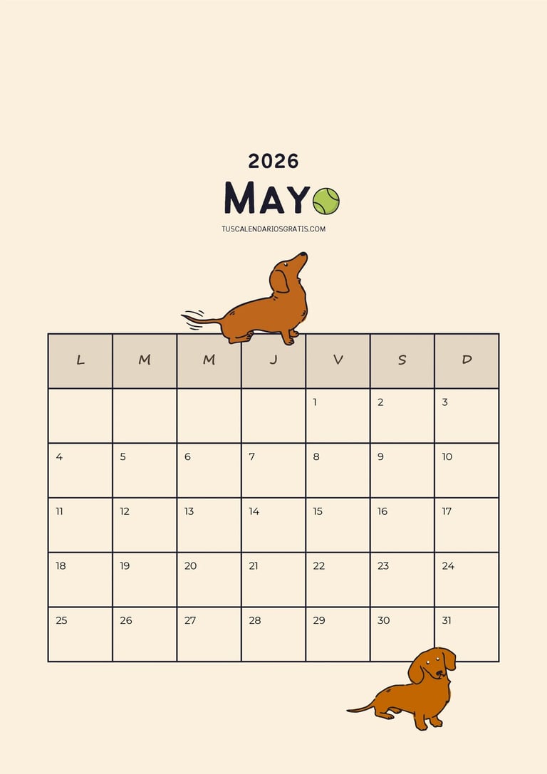 Calendario mayo 2026 para imprimir con diseño de perritos salchicha adorables estilo animal