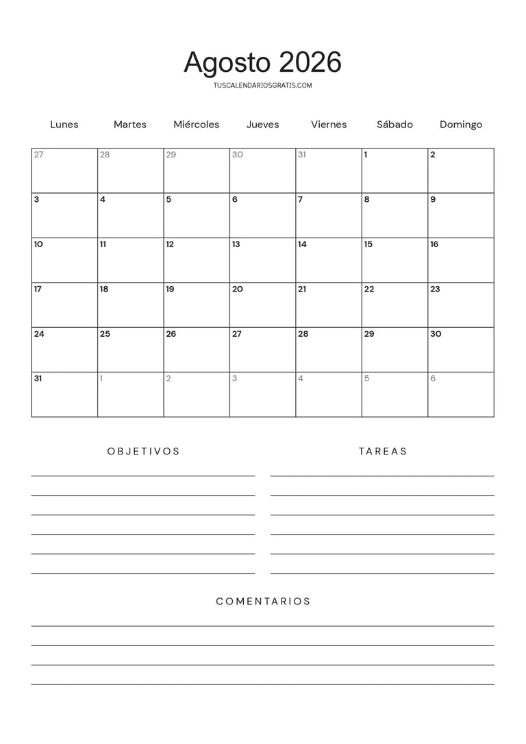 Calendario agosto 2026 minimalista para imprimir gratis con espacio para objetivos, tareas y planifi