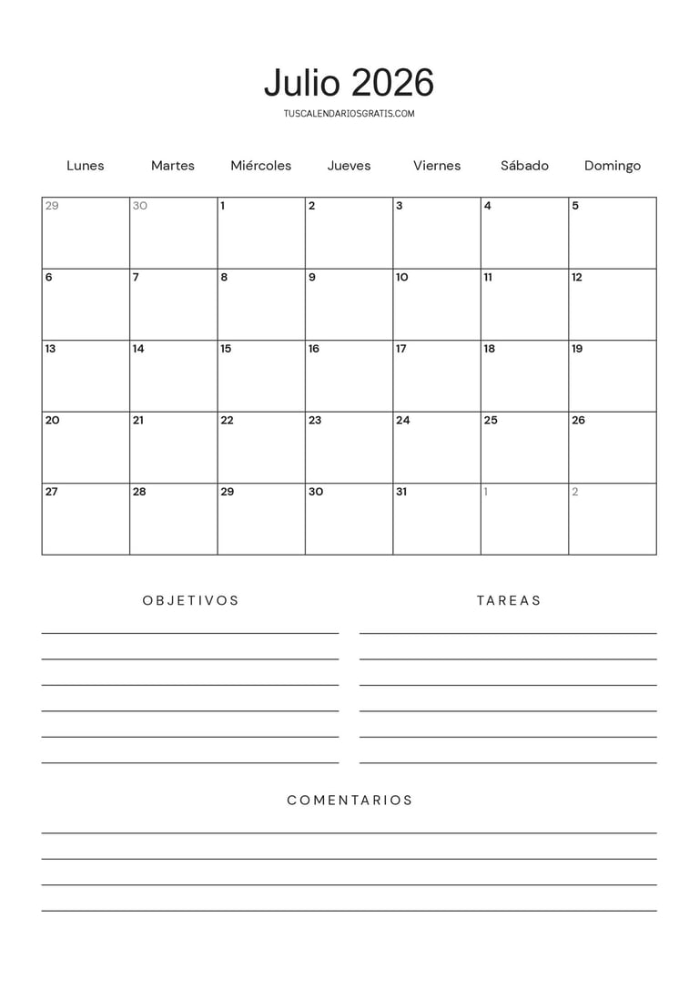 calendario julio 2026 minimalista para imprimir con objetivos y tareas diseño limpio organización me