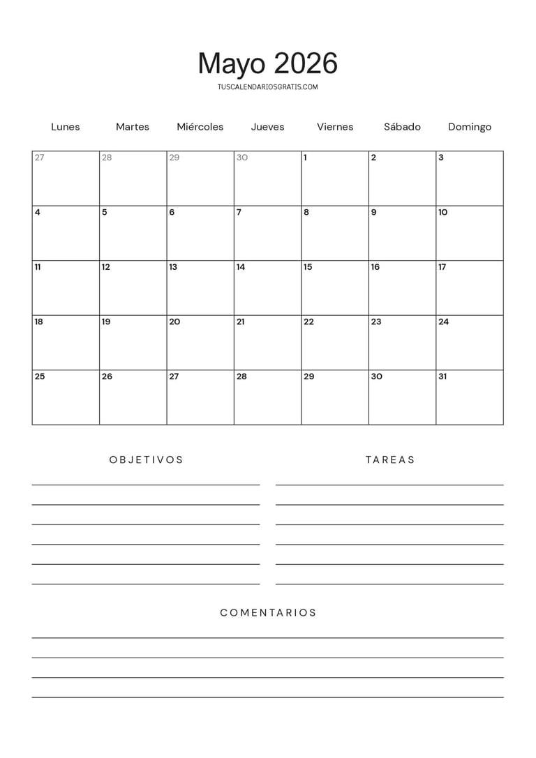 Calendario de mayo minimalista para imprimir (especial productividad)