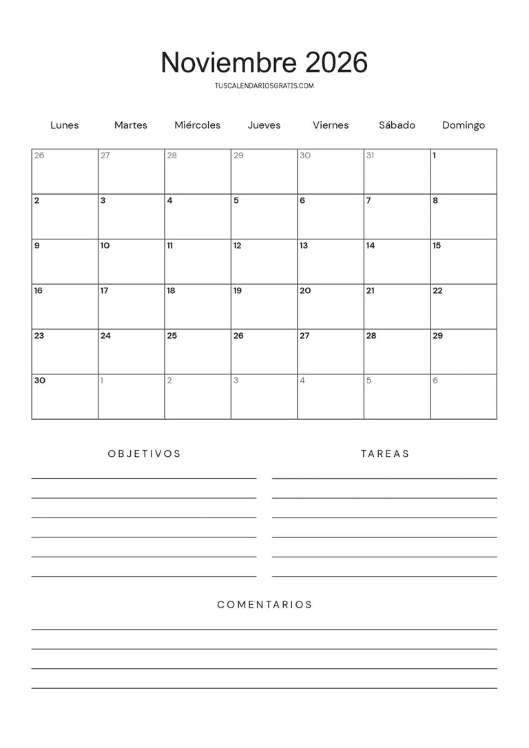 Calendario noviembre 2026 minimalista especial objetivos para imprimir gratis en tamaño A4 con diseñ