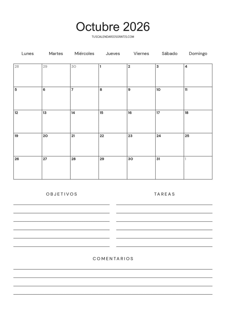 Calendario octubre 2026 minimalista para imprimir gratis con espacio para objetivos, tareas y organi