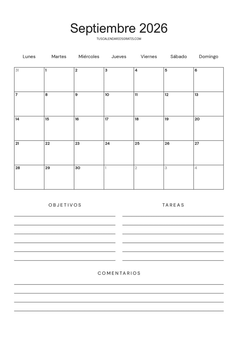 Calendario septiembre 2026 minimalista para imprimir gratis con espacio para objetivos, tareas, orga