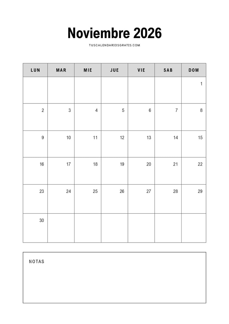 Calendario noviembre 2026 minimalista para imprimir gratis en diseño limpio y elegante ideal para or