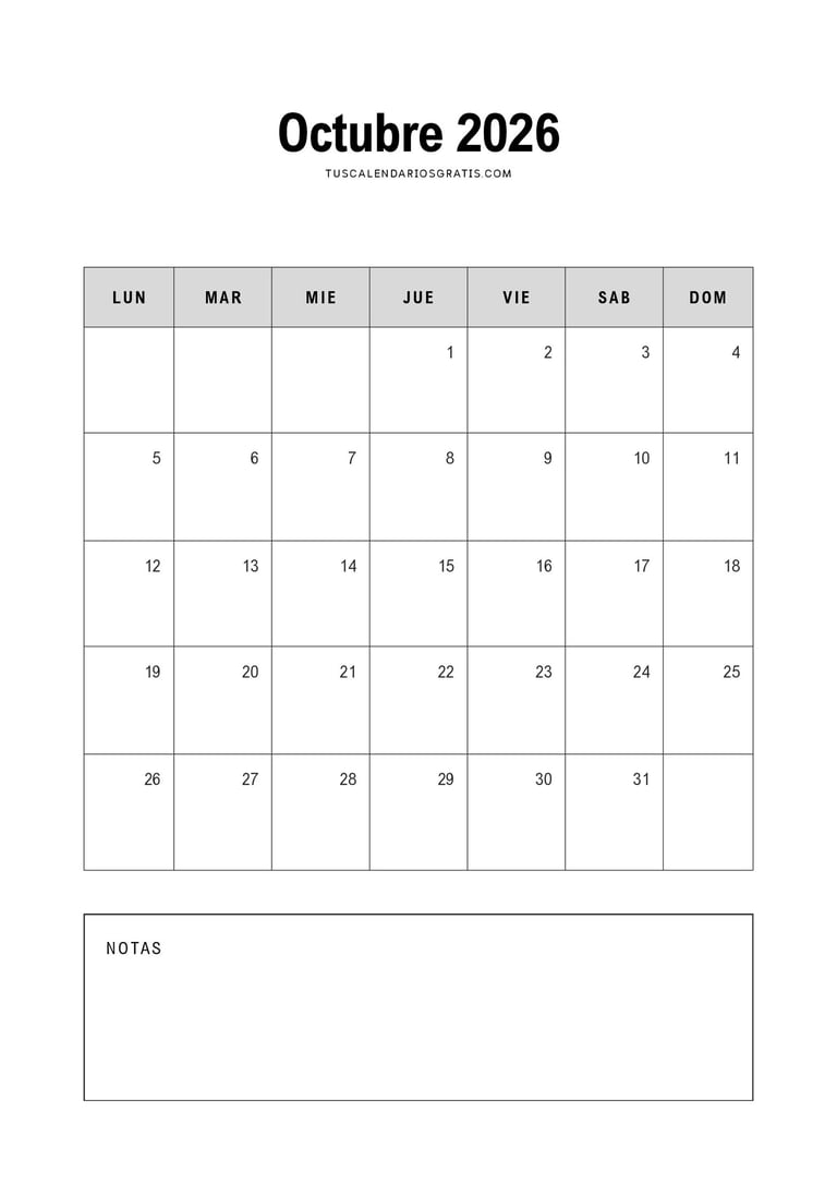 Calendario octubre 2026 minimalista para imprimir gratis en formato mensual organizado y elegante