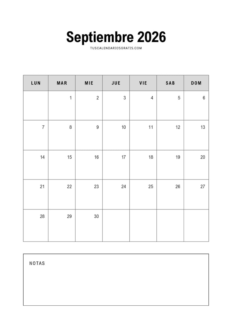 Calendario septiembre 2026 minimalista para imprimir gratis en PDF, diseño elegante para organizació