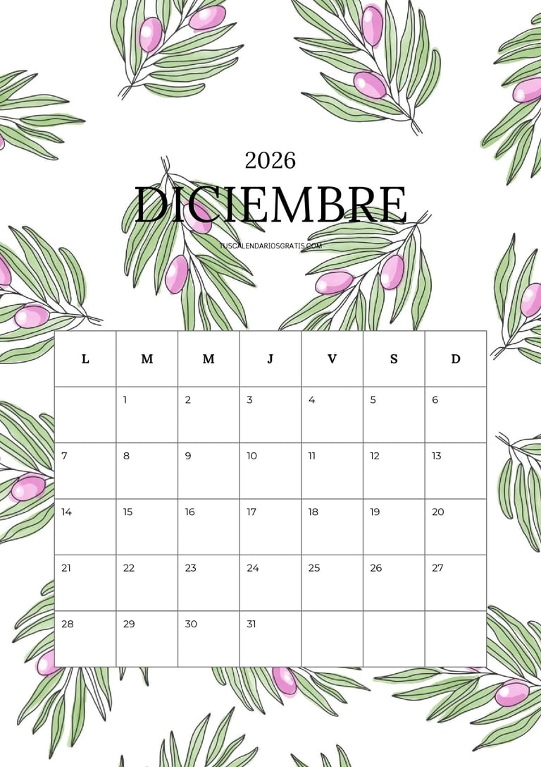 CAlendario diciembre 2026 floral bonito para imprimir gratis