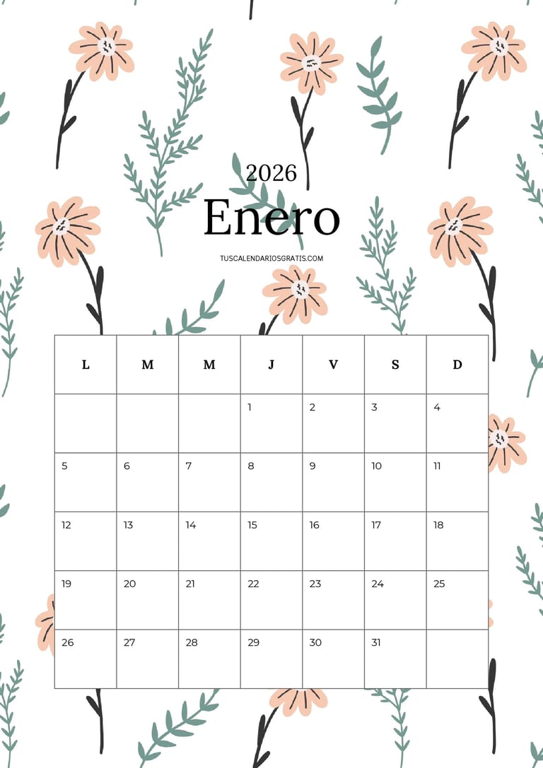 Calendario enero 2026 floral bonito vertical imprimible