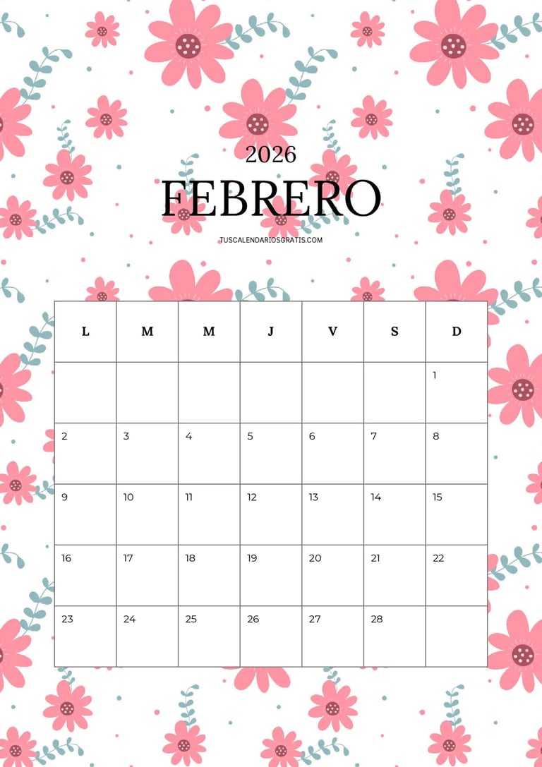 Calendario mensual febrero 2026 floral bonito vertical imprimible