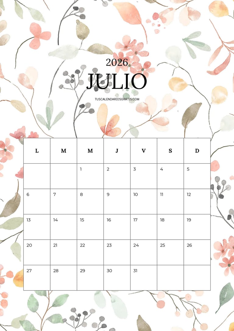 Calendario julio 2026 floral bonito imprimible