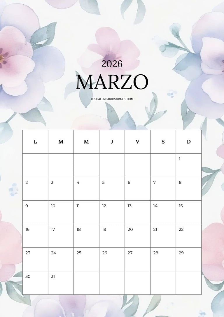 Calendario mensual de marzo 2026 floral bonito para imprimir