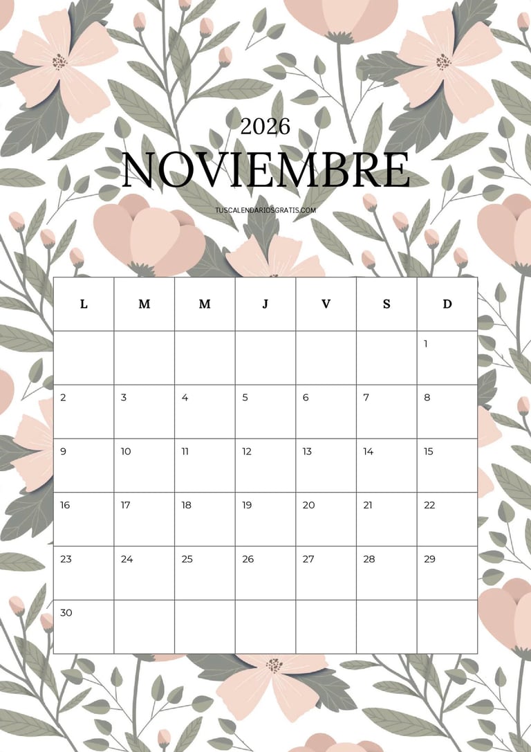 CAlendario noviembre 2026 floral bonito para imprmir gratis 