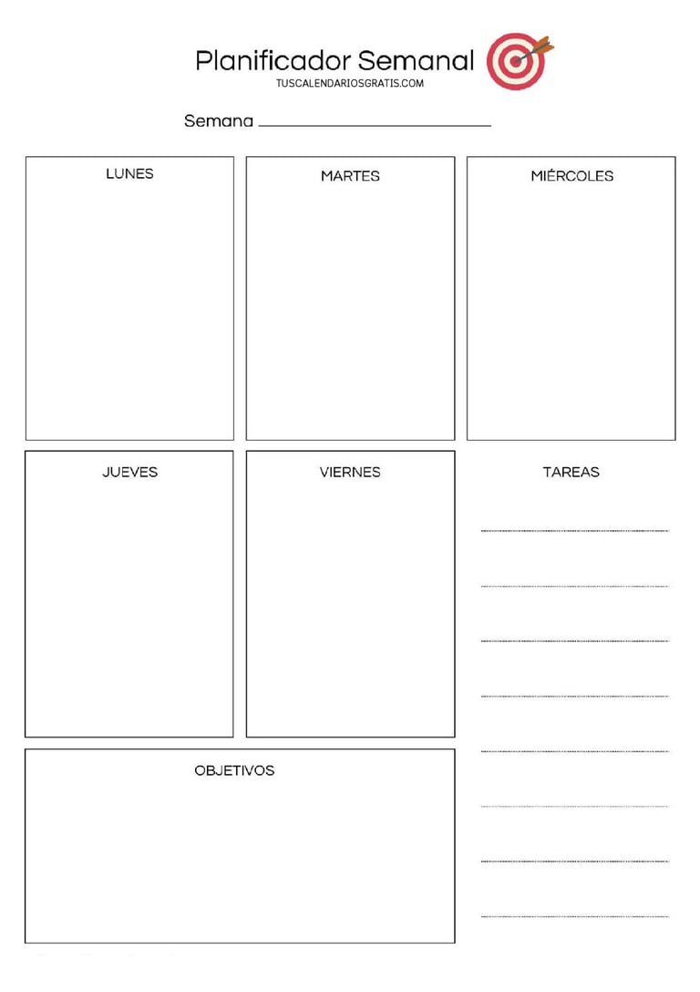 Planificador semanal de lunes a viernes A4 vertical con sección de objetivos y lista de tareas impri