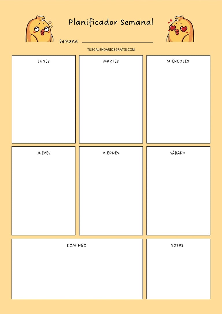 Planificador semanal kawaii amarillo para imprimir con pajaritos adorables diseño divertido