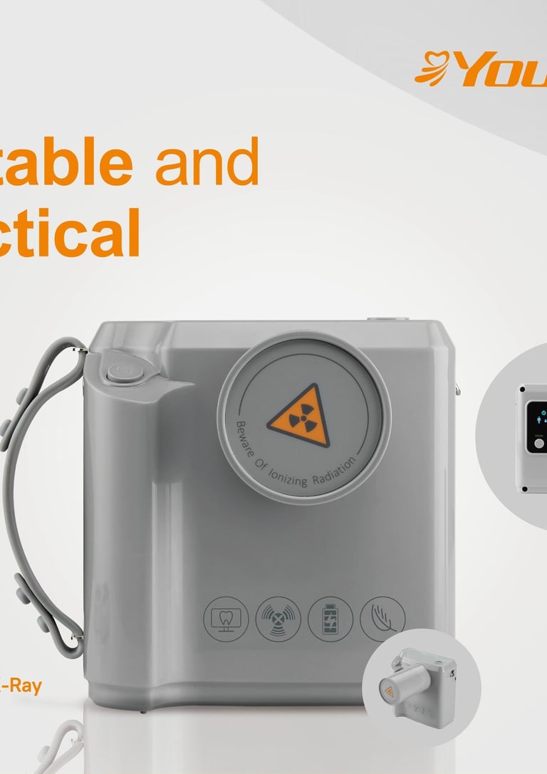 Portable DC dental X-ray machine YOU98P with digital display and radiation warning.