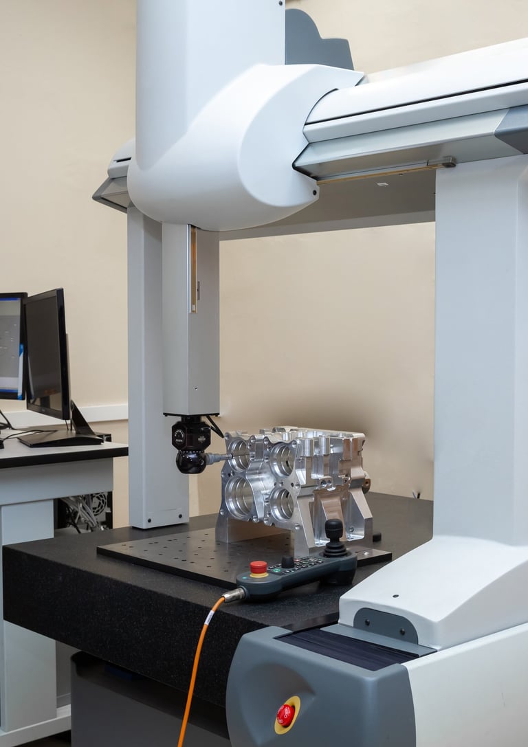 CMM with indexable head probing system inspecting a prismatic machined component.
