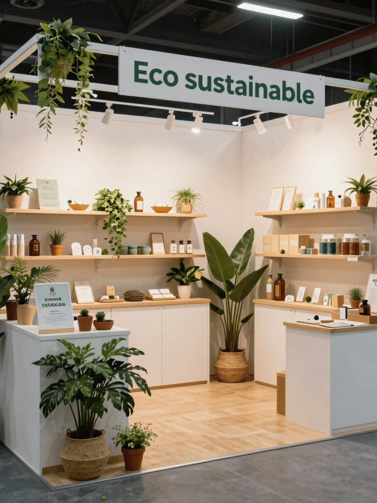 An elegant exhibition booth featuring modern branding and vibrant green accents matching the company palette.