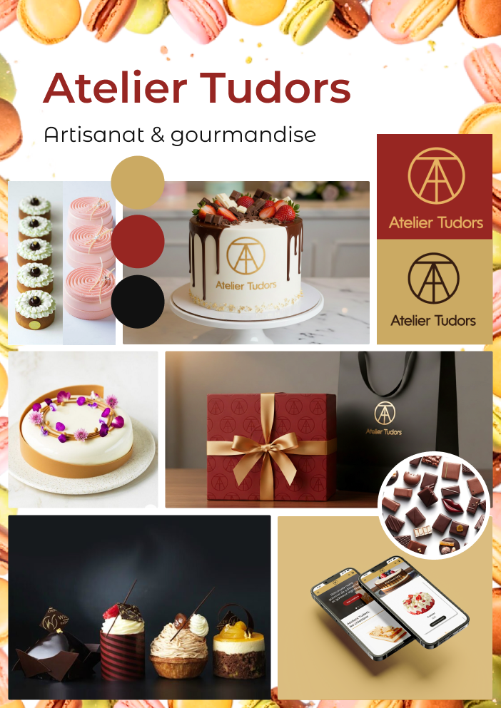 Moordboard images de gâteaux, avec une boite de chocolats et le logotype "Atelier Tudors"