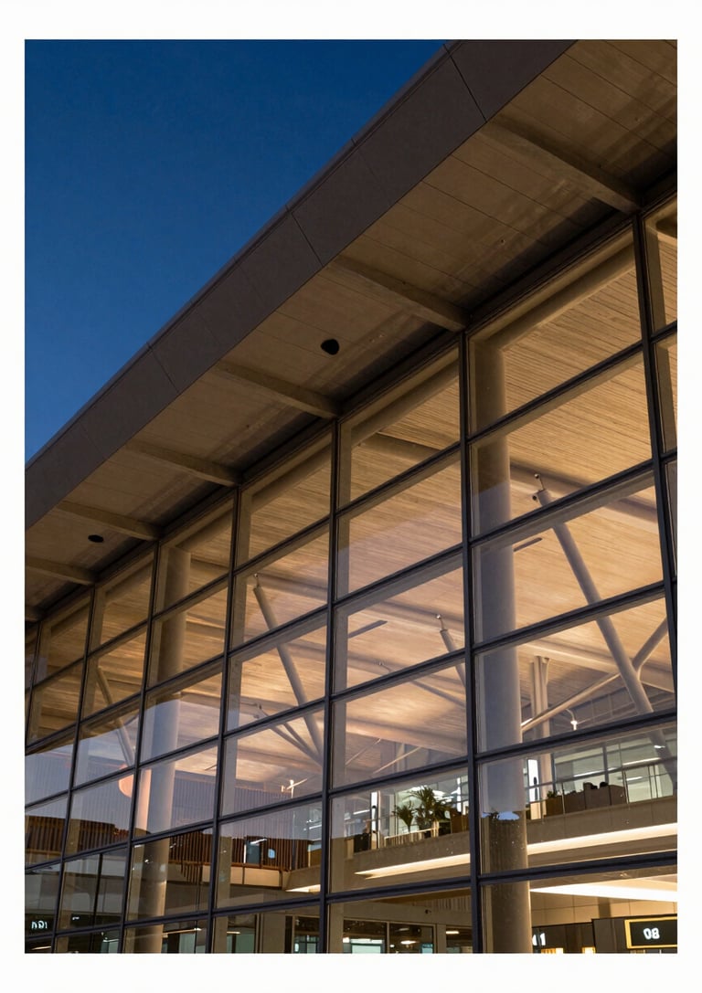 Close-up architectural detail of a modern airport terminal facade at dusk, structural steel ribs and glass panels reflecting amber light, deep blue sky beyond, no people, scale and precision foregrounded