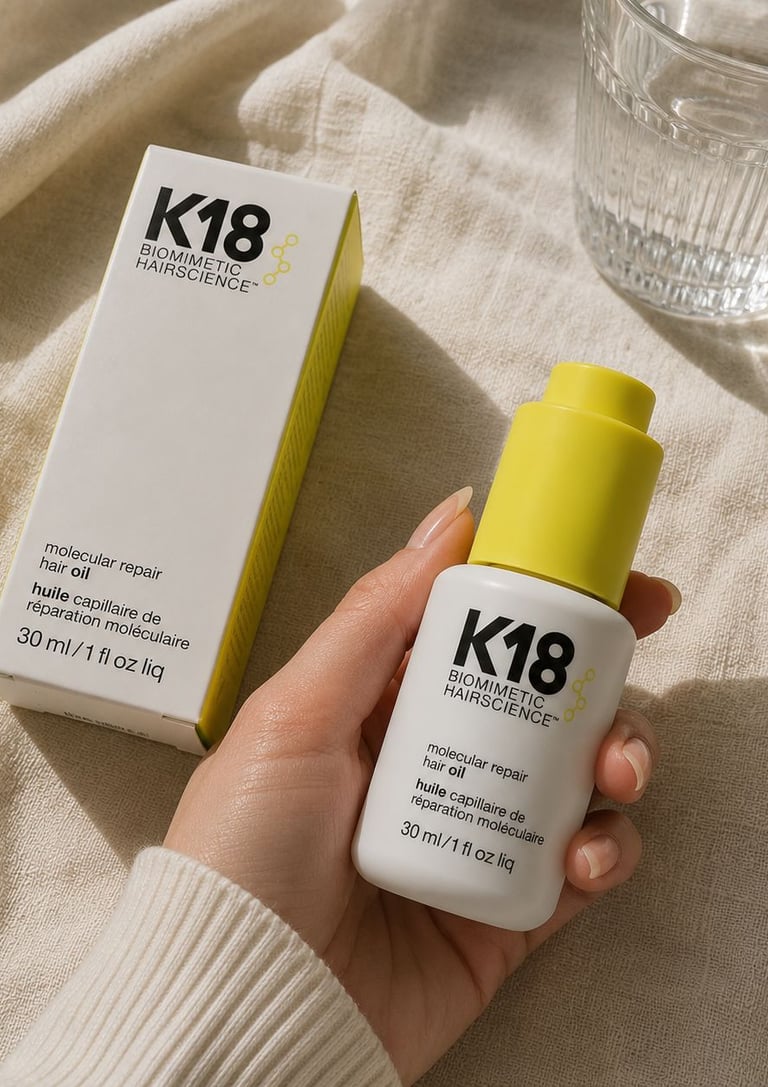 K18 Molecular Repair Hair Oil for smooth shiny hair in a luxury clean girl haircare aesthetic