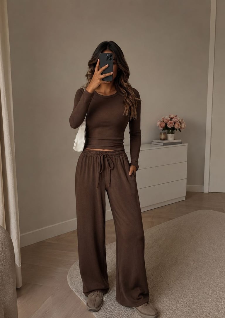 Neutral brown matching set with classy comfy fashion look and luxury casual aesthetic.