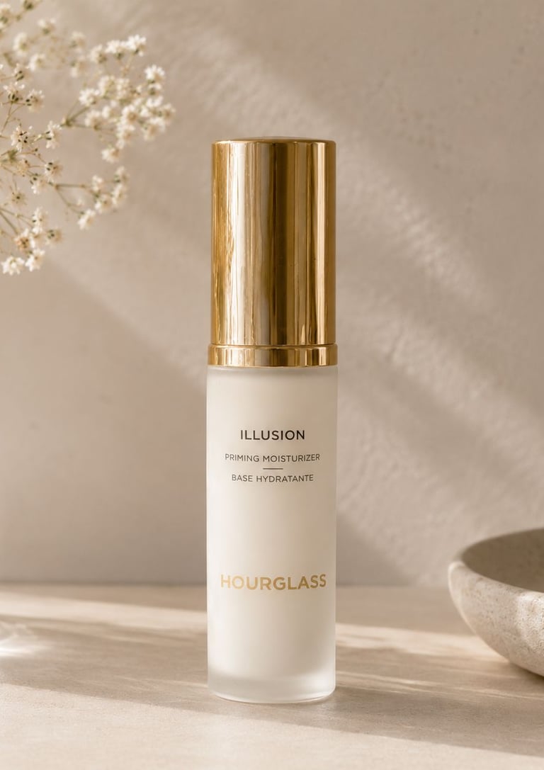 Hourglass Illusion Priming Moisturizer surrounded by luxury makeup products in a soft beige.