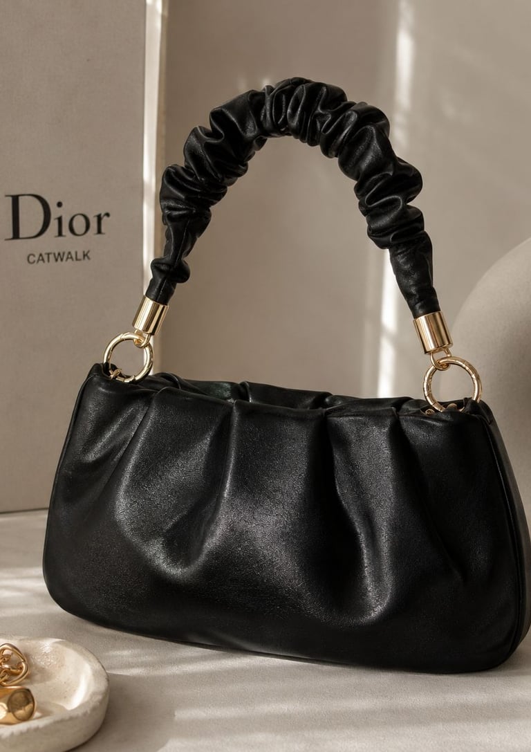 Black ruched shoulder bag with gold hardware styled in a beige luxury aesthetic.
