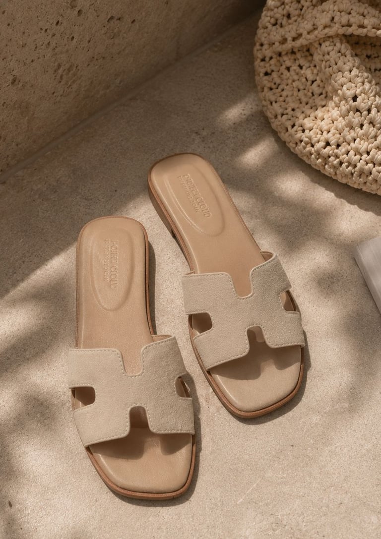 Beige suede slide sandals styled on a warm stone floor with soft sunlight and neutral summer vibe.
