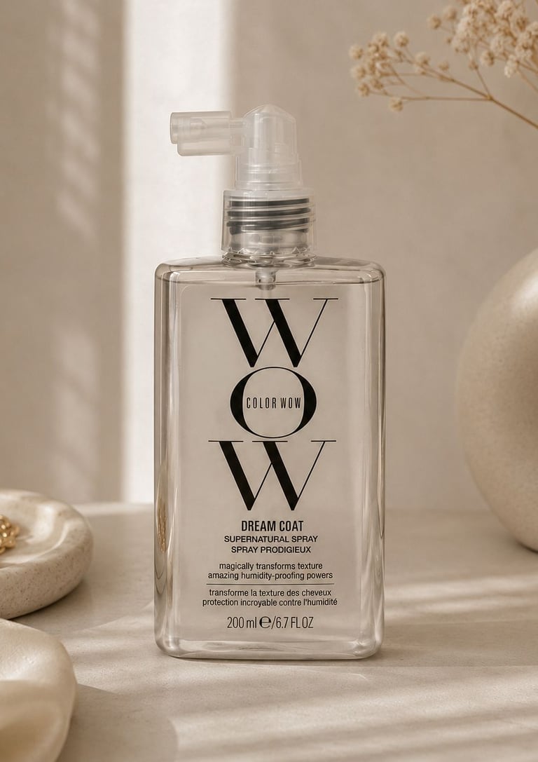 Color Wow Dream Coat Supernatural Spray styled in a beige luxury aesthetic.