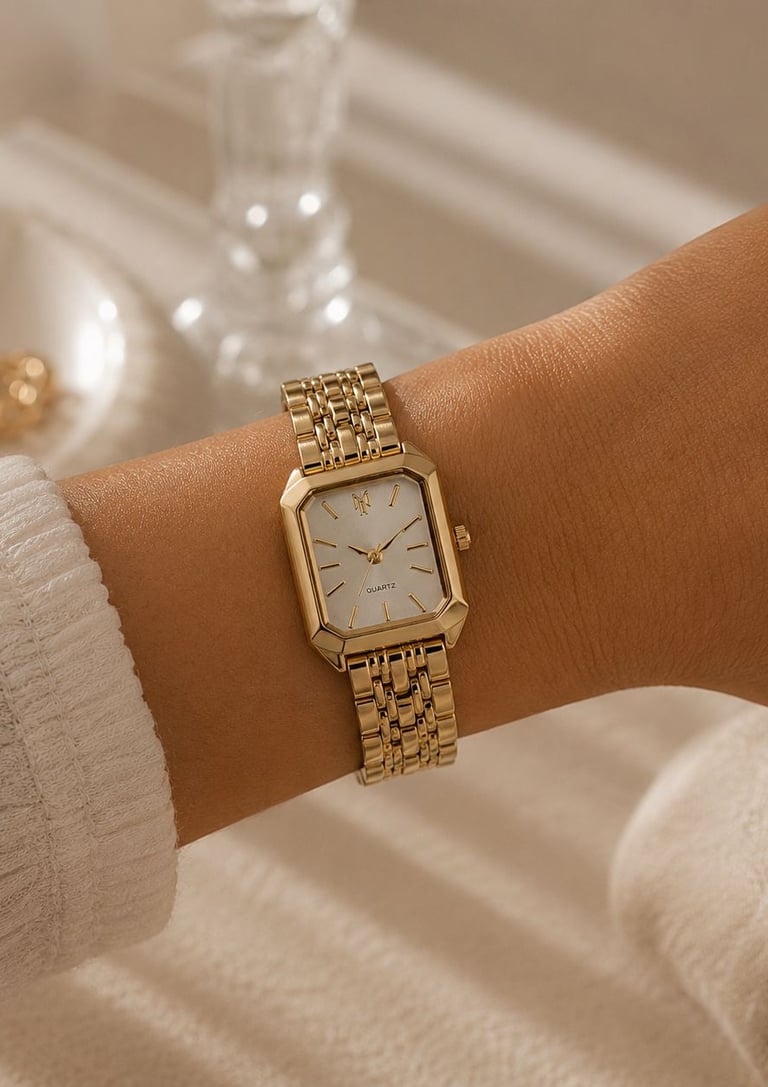 Close-up of a gold luxury watch worn on a woman’s wrist in a soft beige aesthetic setting